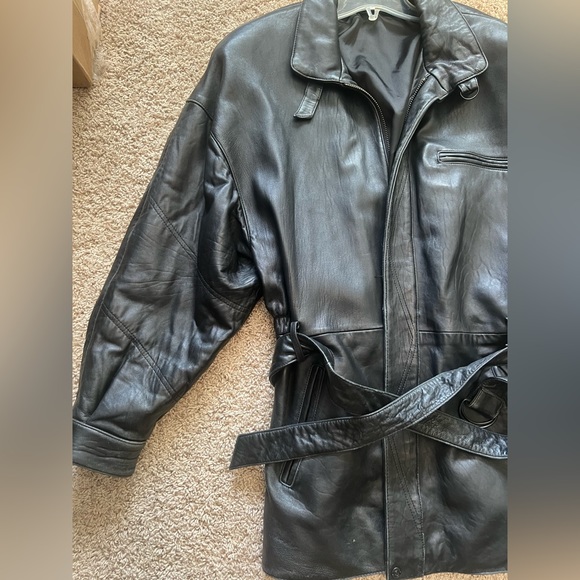 Men's Black Leather Belted Jacket size M - Picture 4 of 16